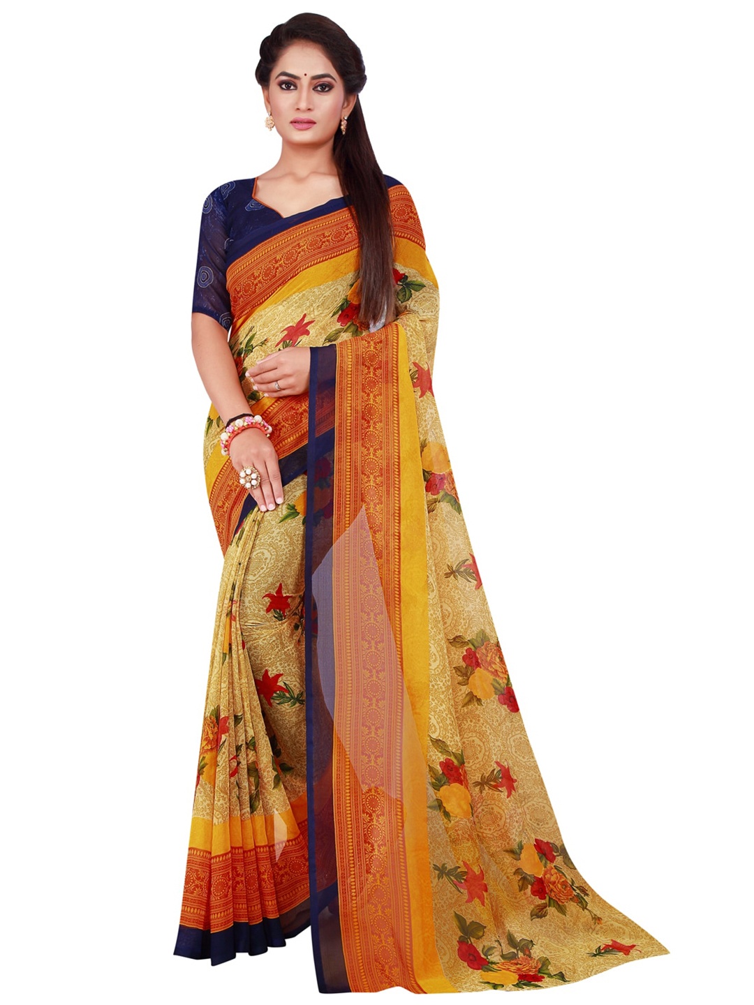 

KALINI Beige & Yellow Floral Poly Georgette Saree