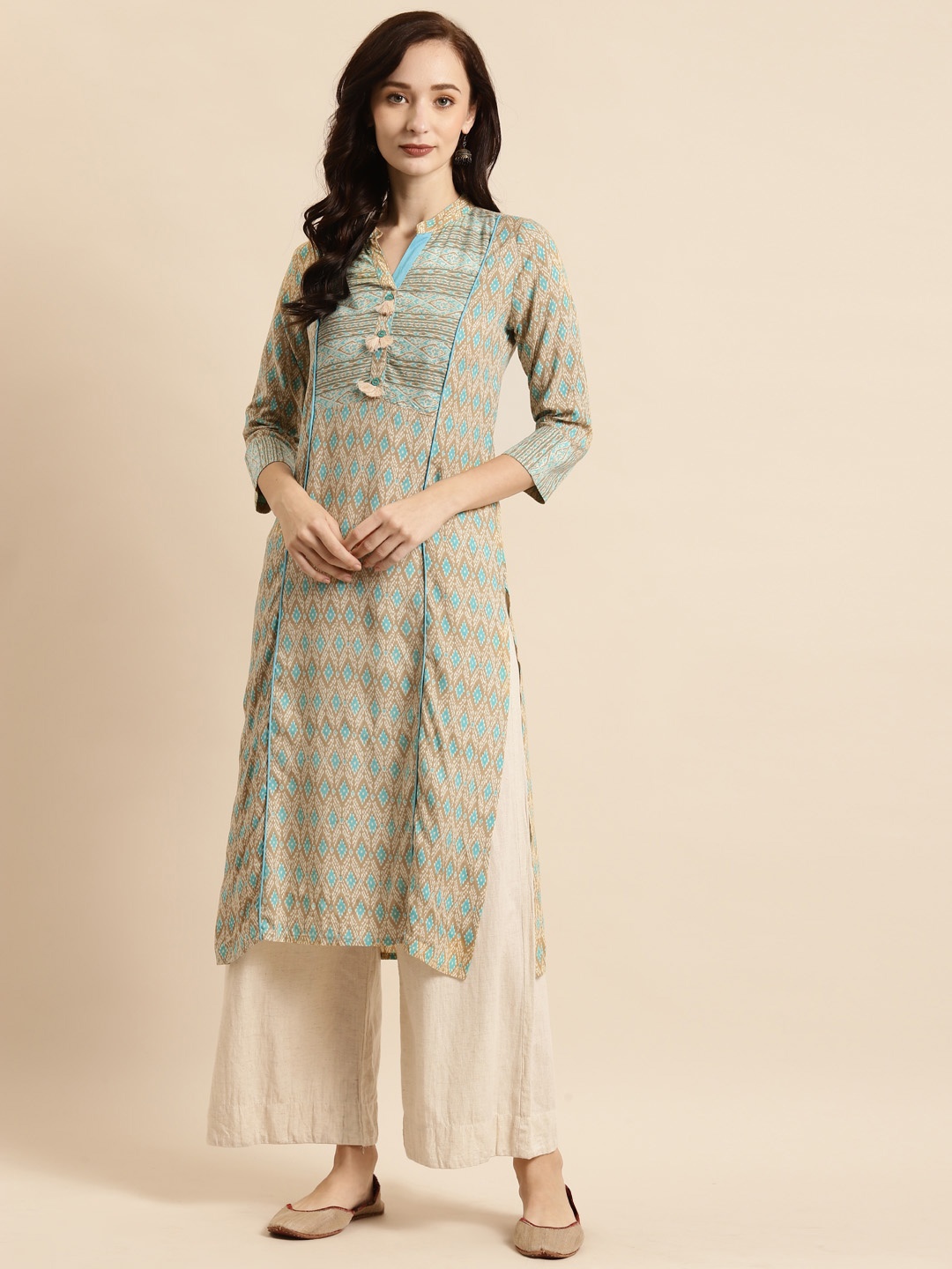 

RANGMAYEE Women Beige & Blue Ethnic Motifs Printed Asymmetric Liva Kurta