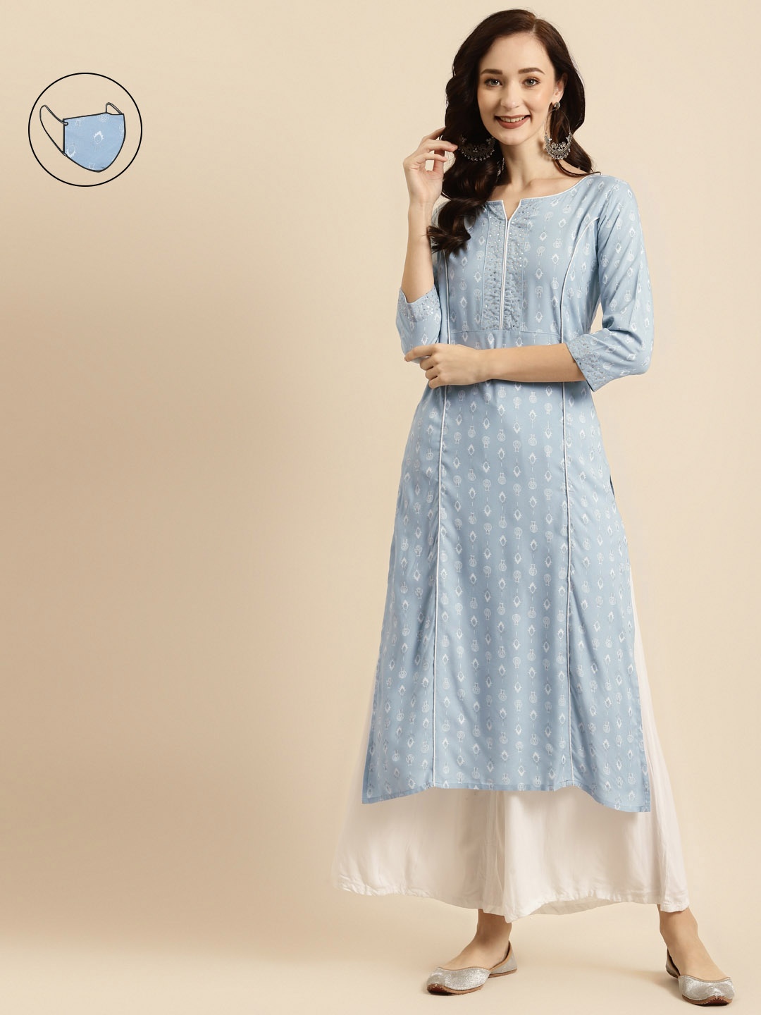 

RANGMAYEE Women Blue & White Printed Floral Liva Kurta