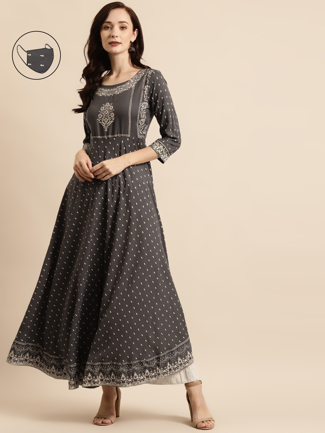 

RANGMAYEE Women Grey & Cream-Coloured Floral Printed Liva Kurta