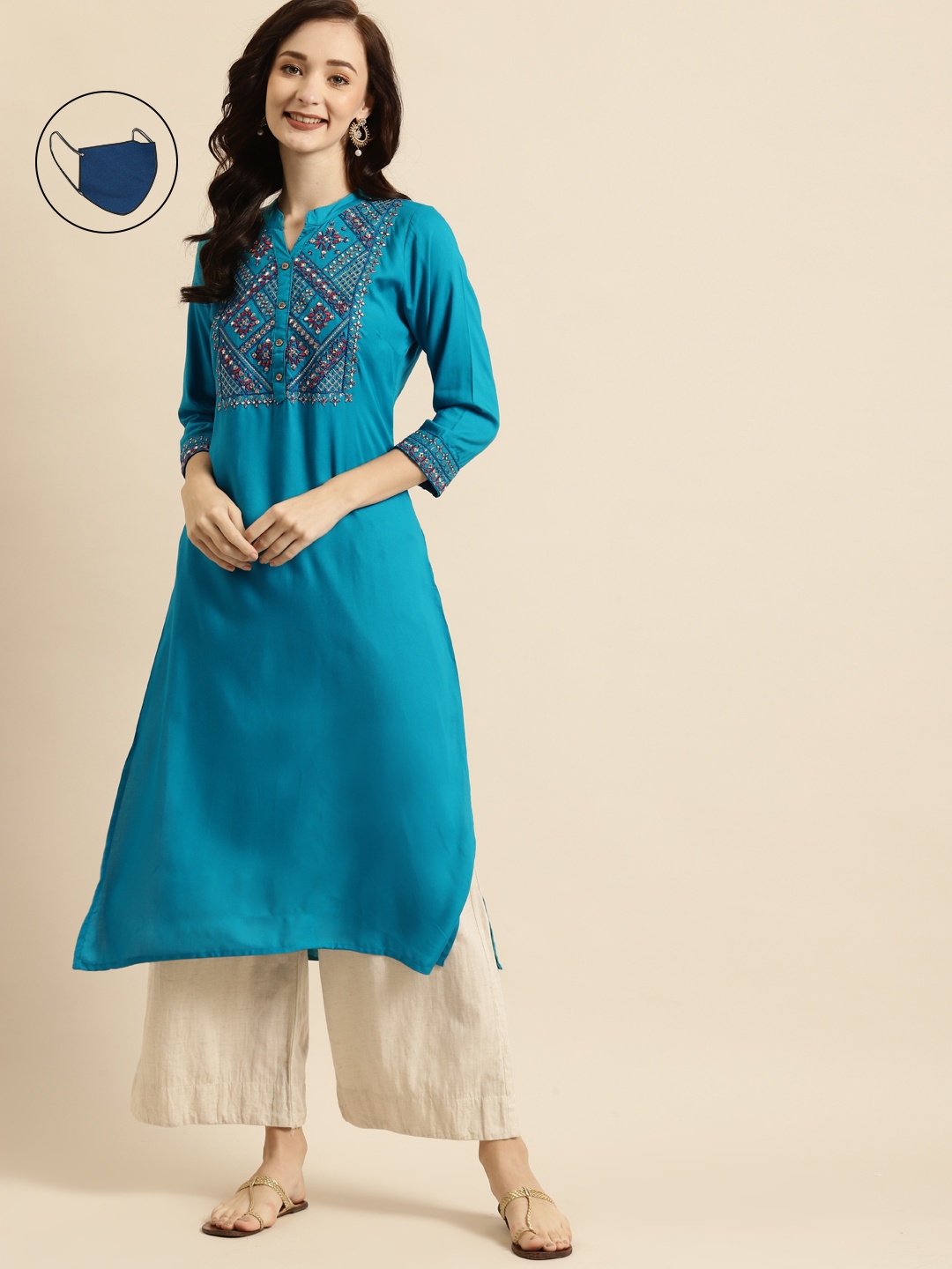 

RANGMAYEE Women Turquoise Blue Embroidered Mirror Work Shadow Work Liva Kurta with Mask