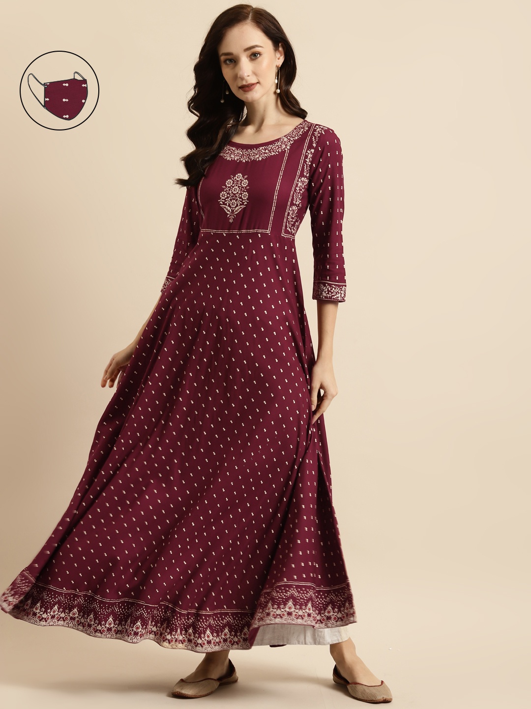 

RANGMAYEE Women Maroon & Cream-Coloured Floral Printed Liva Anarkali Kurta with Mask