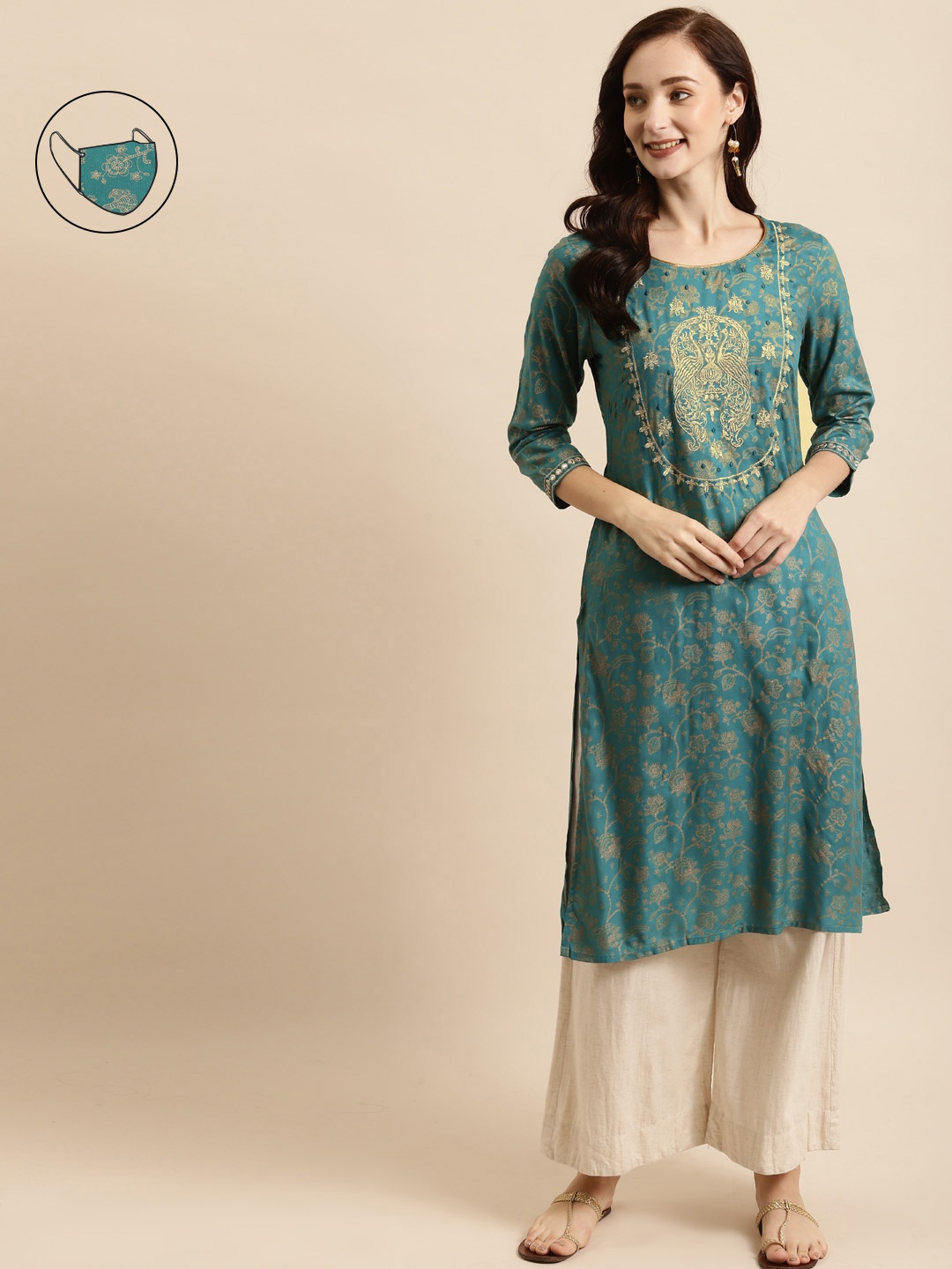 

RANGMAYEE Women Green & Gold-Toned Floral Liva Kurta