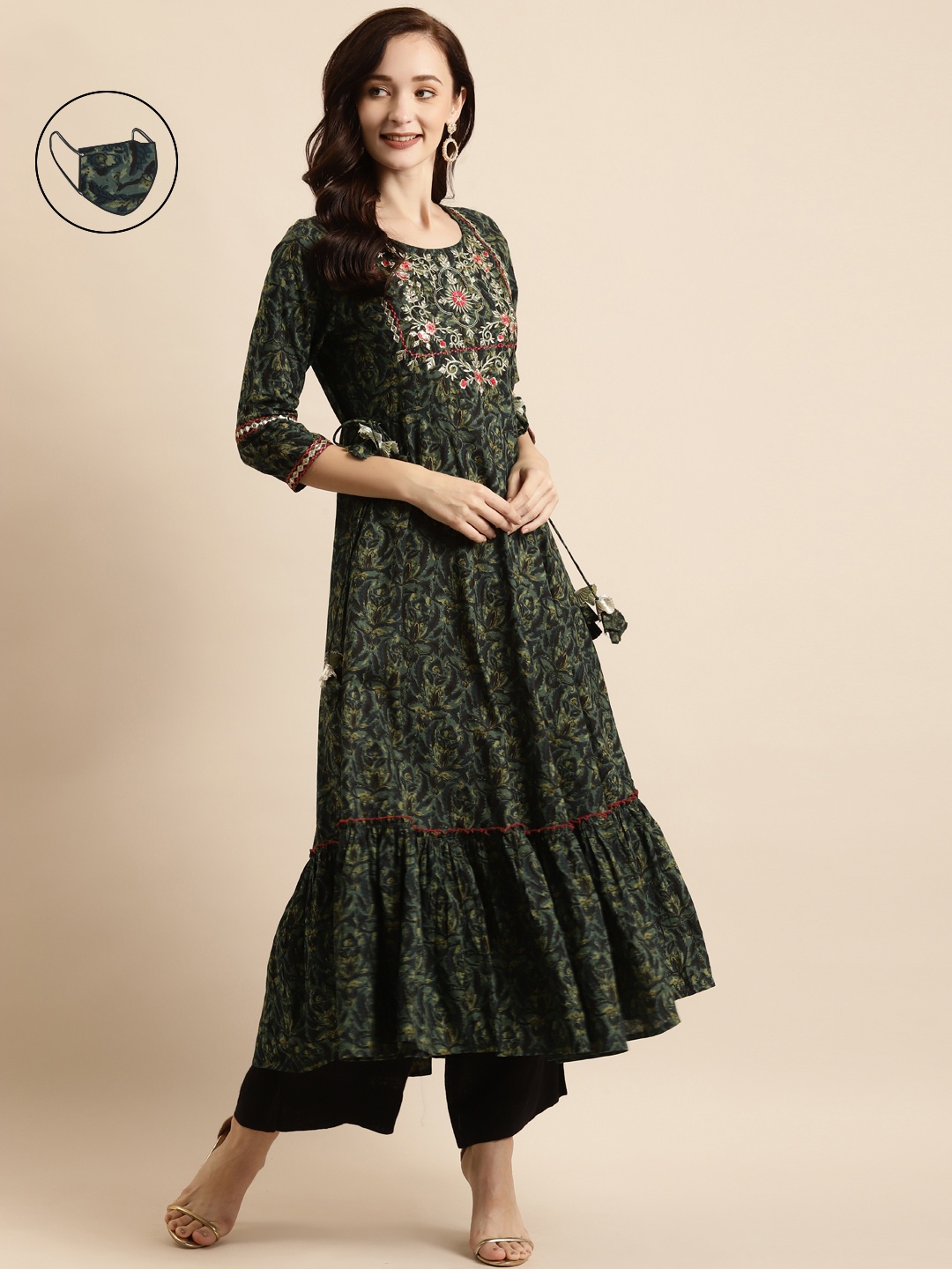 

RANGMAYEE Women Green & Red Bandhani Printed Gotta Patti Anarkali Kurta with Mask