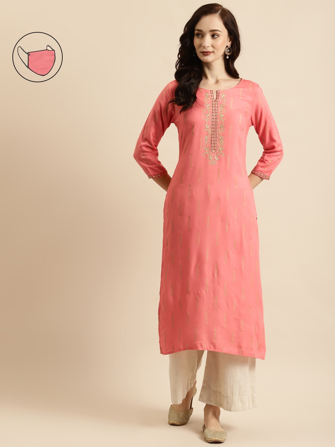 

RANGMAYEE Women Coral Pink & Gold-Toned Floral Embroidered Liva Kurta