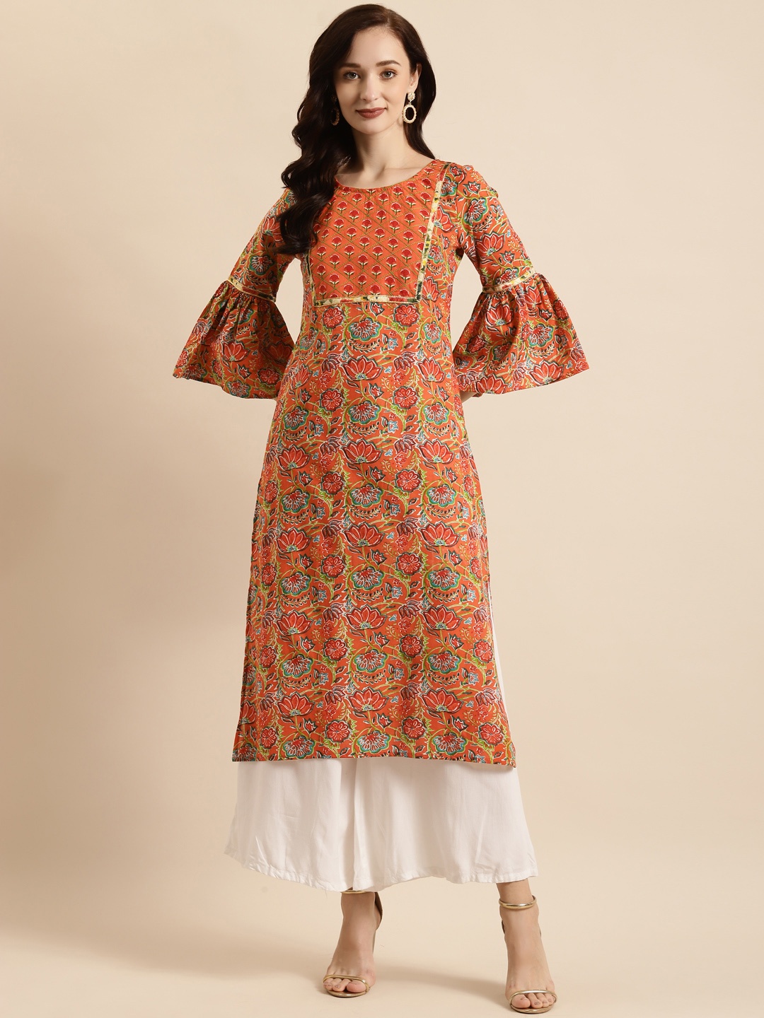 

RANGMAYEE Women Orange & Multicoloured Floral Printed Bell Sleeves Gotta Patti Floral Kurta
