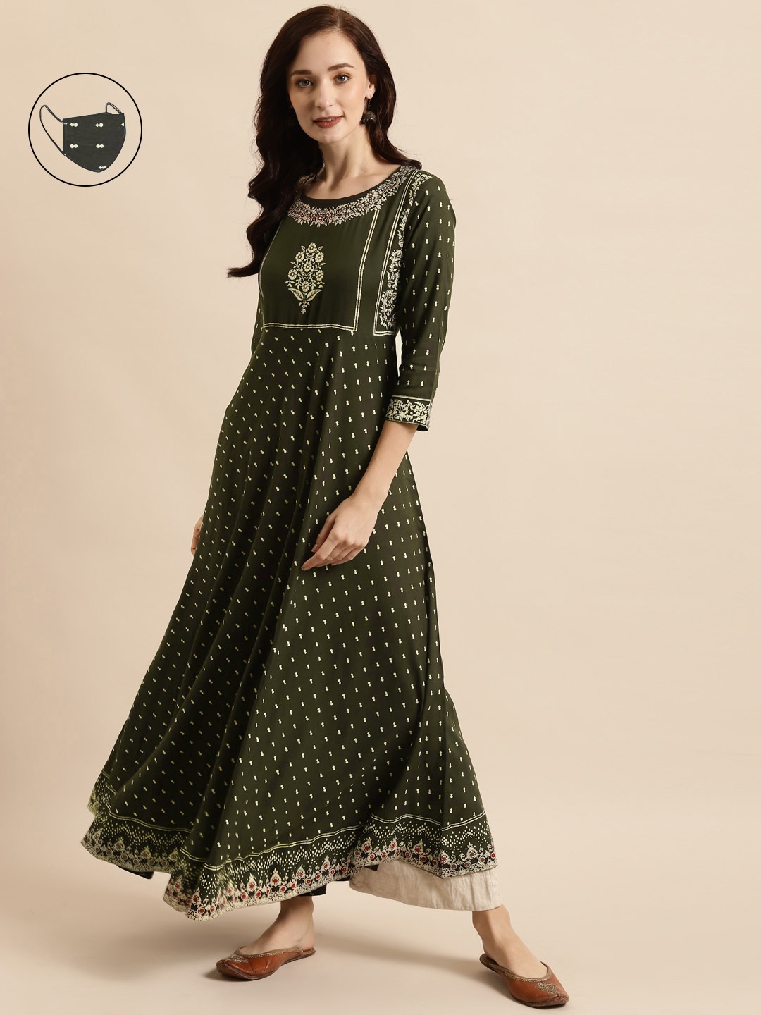 

RANGMAYEE Women Green & Cream-Coloured Floral Printed Liva Kurta