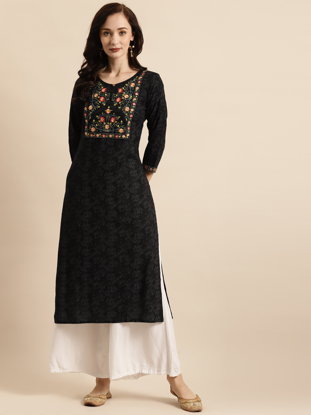 

RANGMAYEE Women Black & Pink Floral Embroidered Liva Kurta