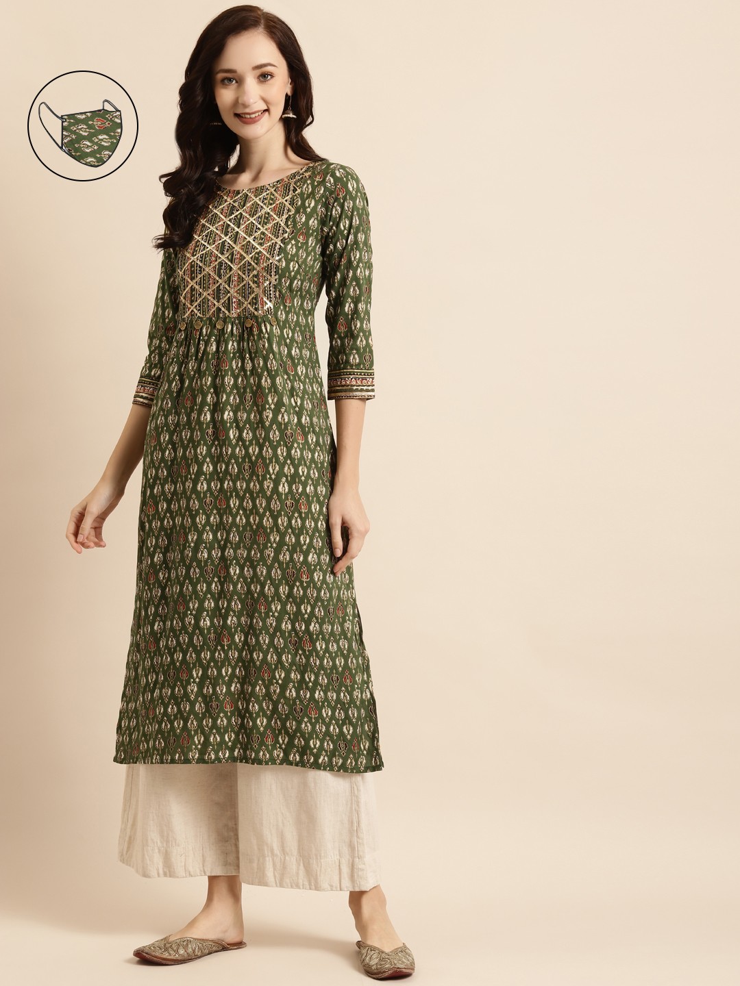 

RANGMAYEE Women Green & White Ethnic Motifs Printed Gotta Patti Kurta