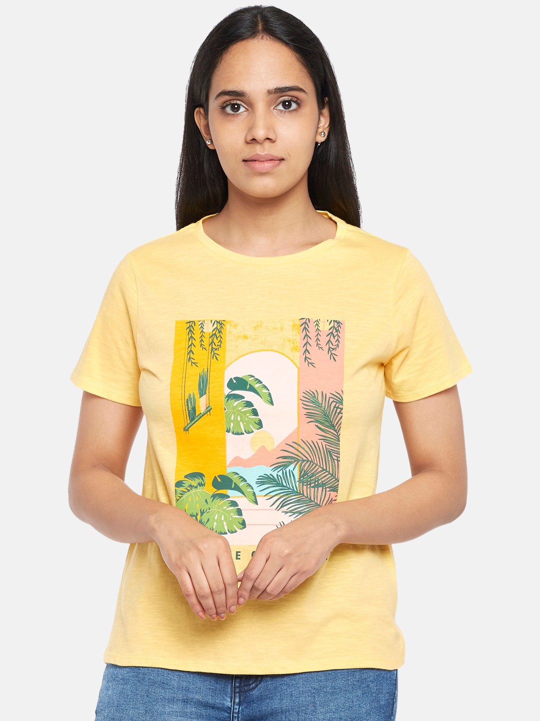 

People Women Yellow Printed Tropical Pure Cotton T-shirt