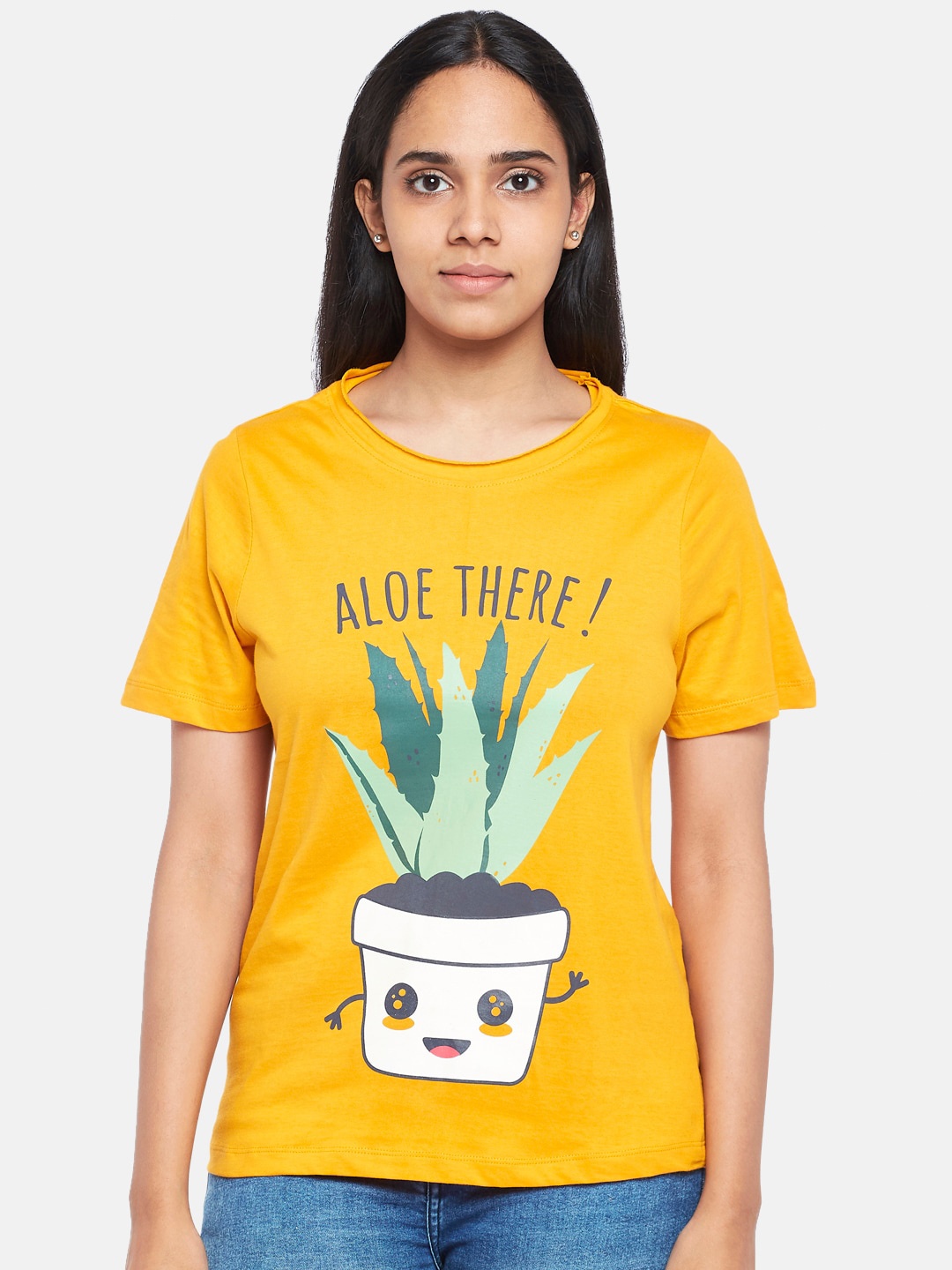 

People Women Mustard Yellow Green Printed Raw Edge Pure Cotton T-shirt