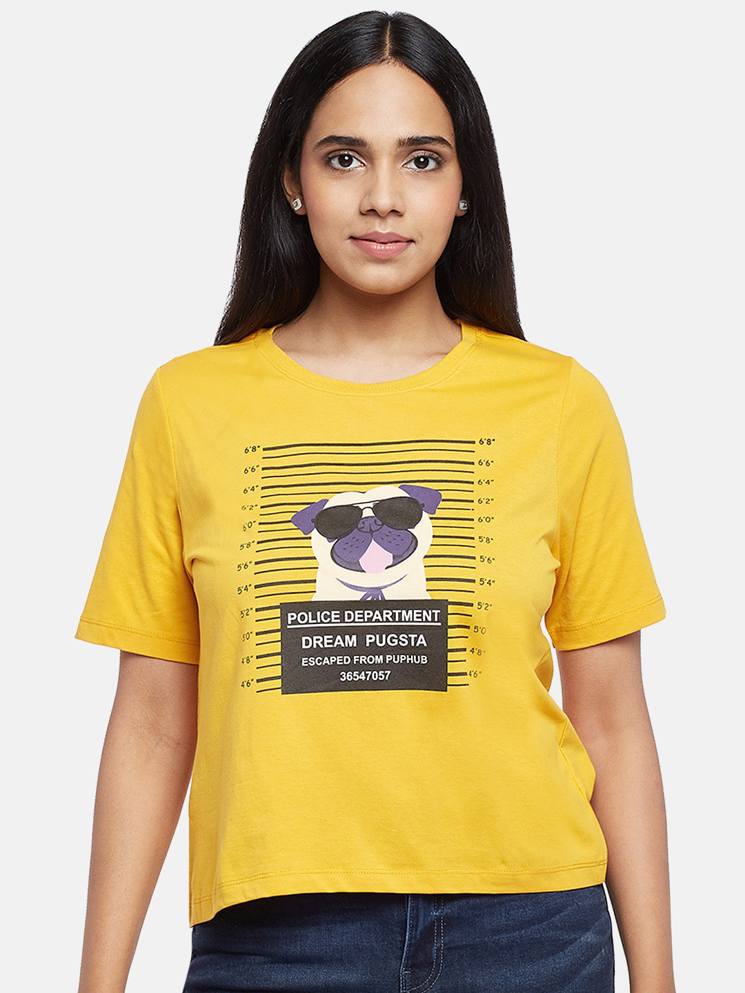 

People Women Mustard Yellow Printed Drop-Shoulder Sleeves Applique T-shirt