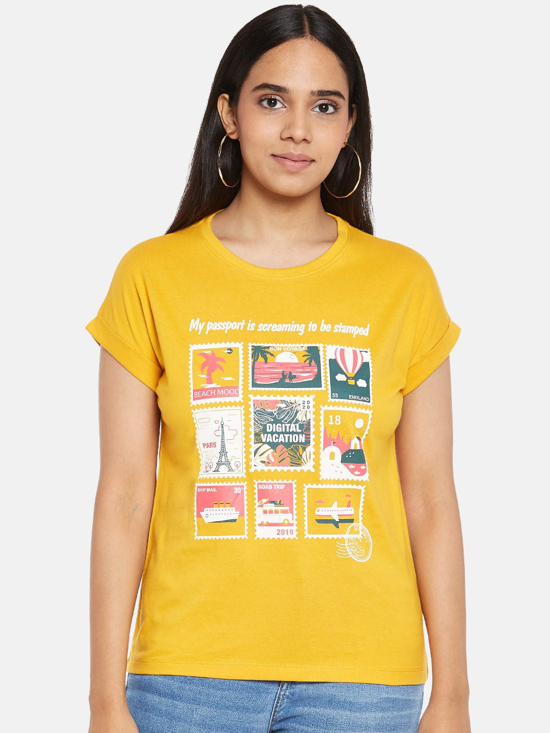 

People Women Mustard Yellow White Printed Pure Cotton T-shirt