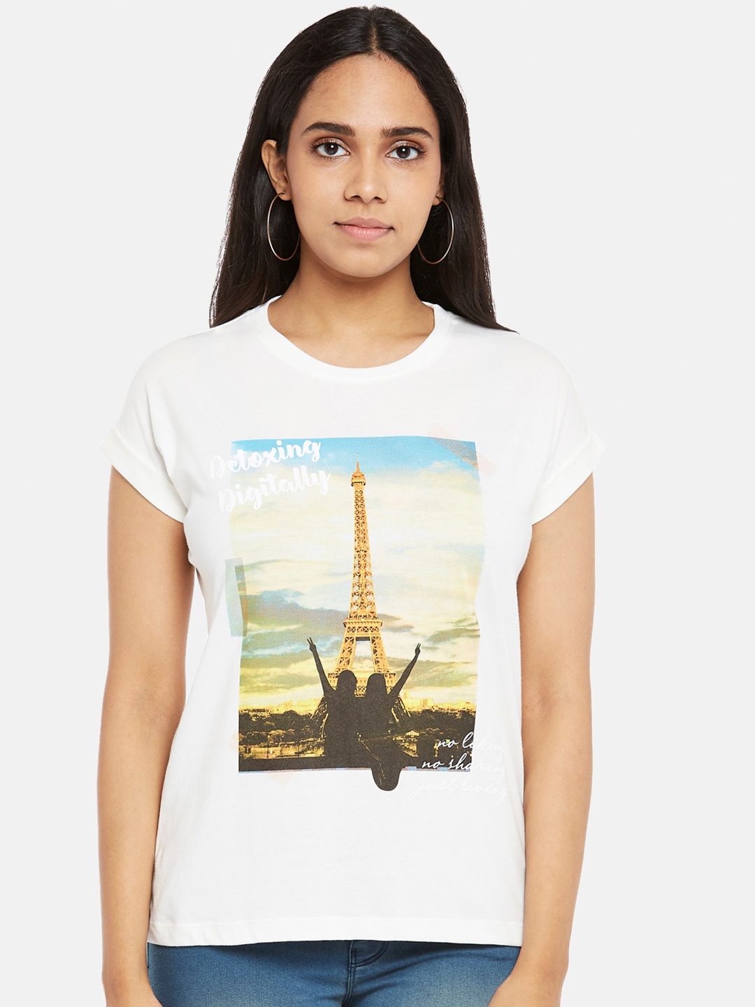

People Women Off White Printed Tropical Pure Cotton T-shirt