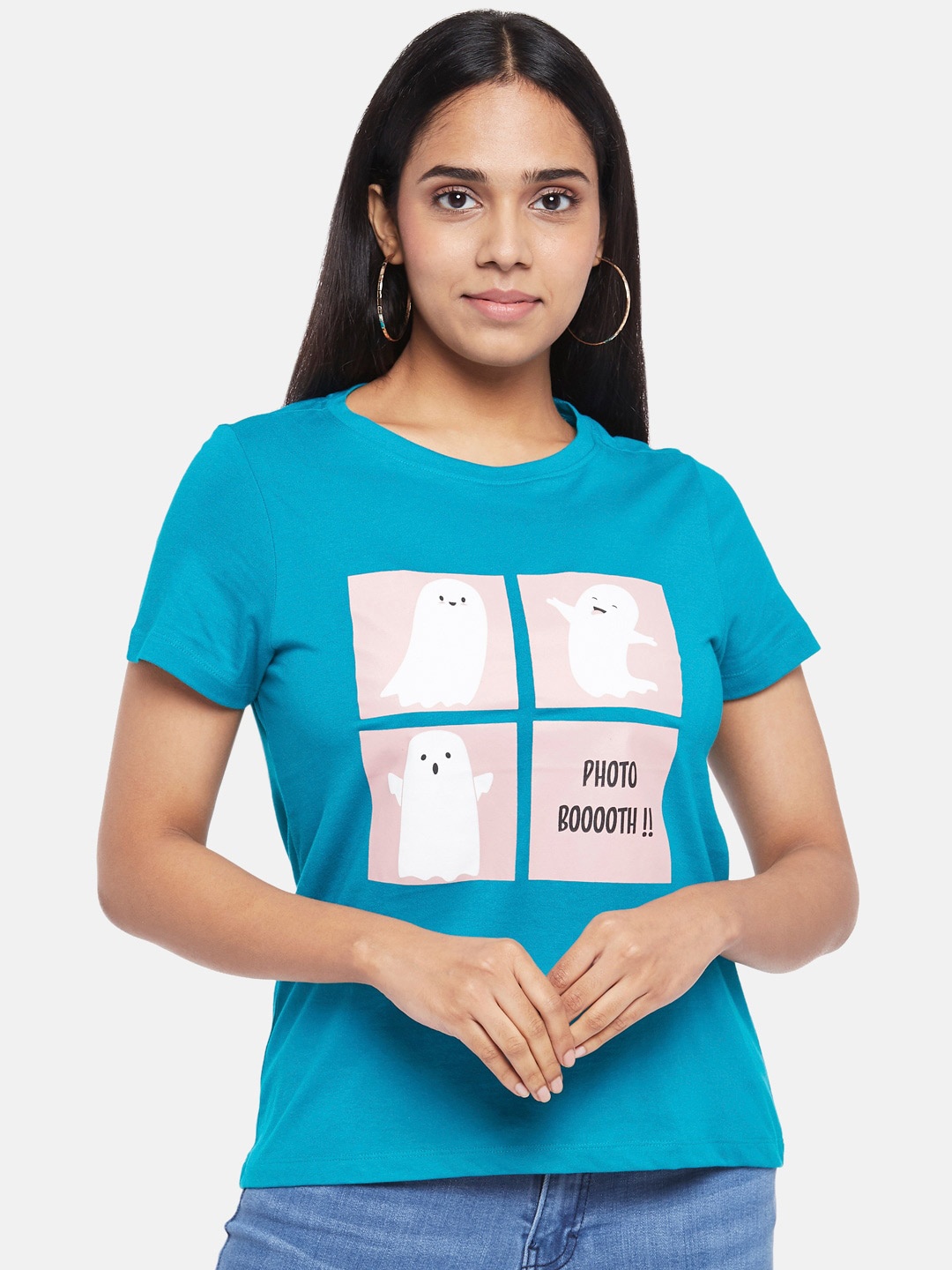 

People Women Blue White Printed Cotton Pure Cotton T-shirt
