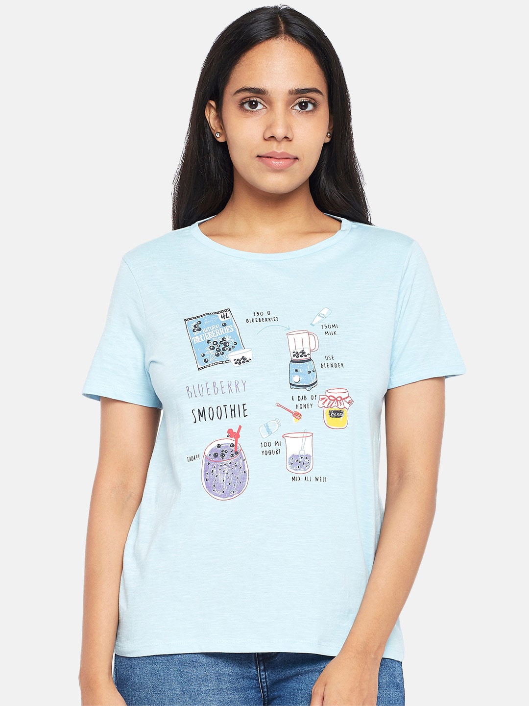 

People Women Blue Yellow Printed Pure Cotton T-shirt