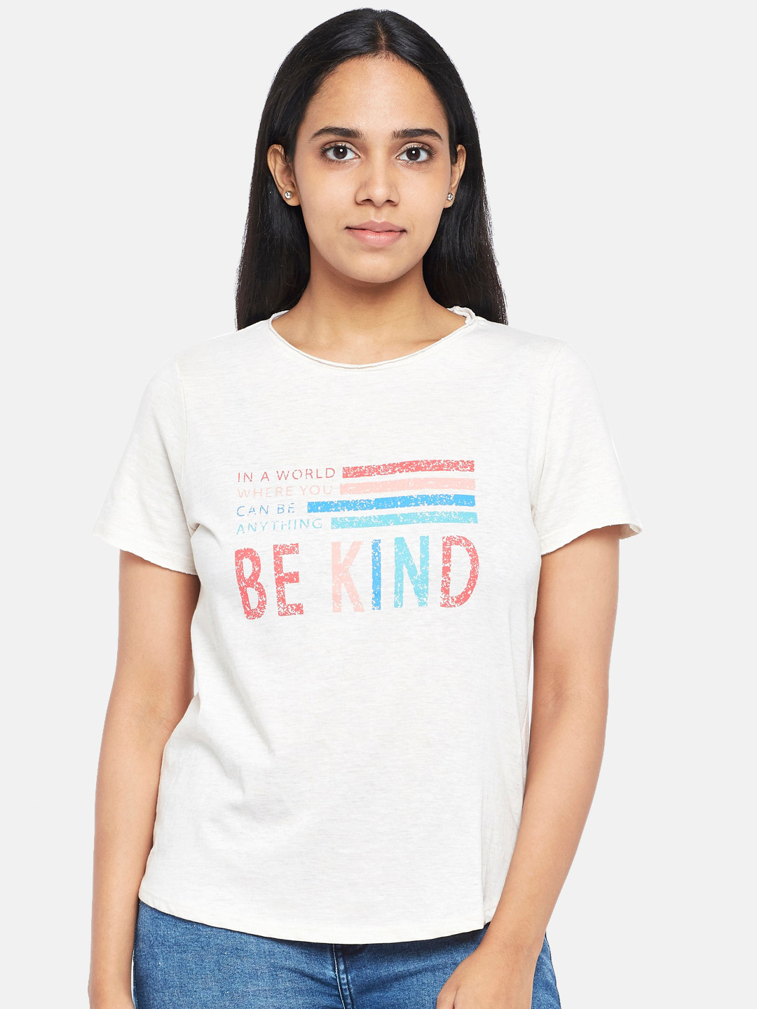 

People Women Cream-Coloured Typography Printed Pure Cotton T-shirt