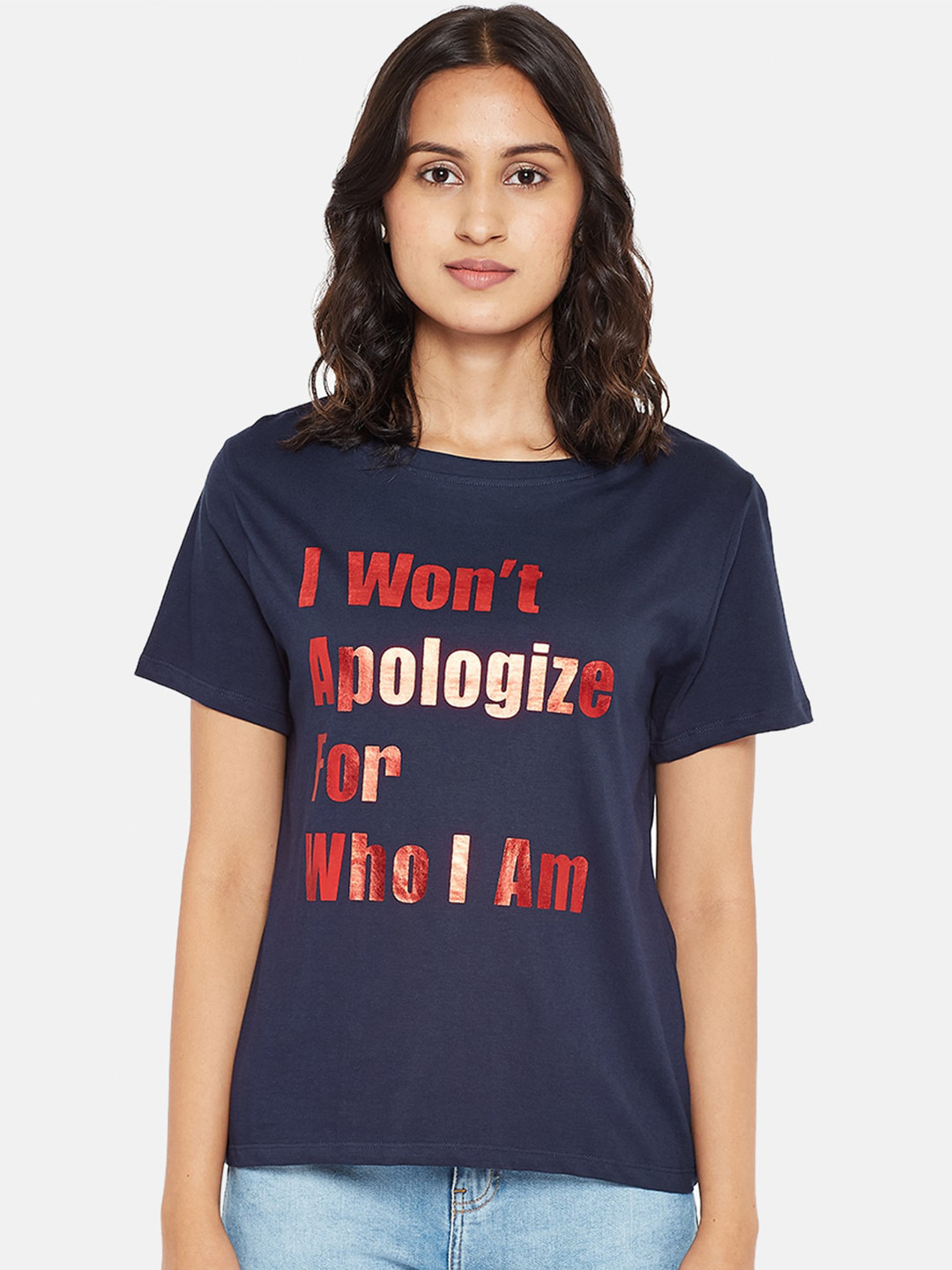 

People Women Navy Blue Red Typography Printed Cotton Pure Cotton T-shirt