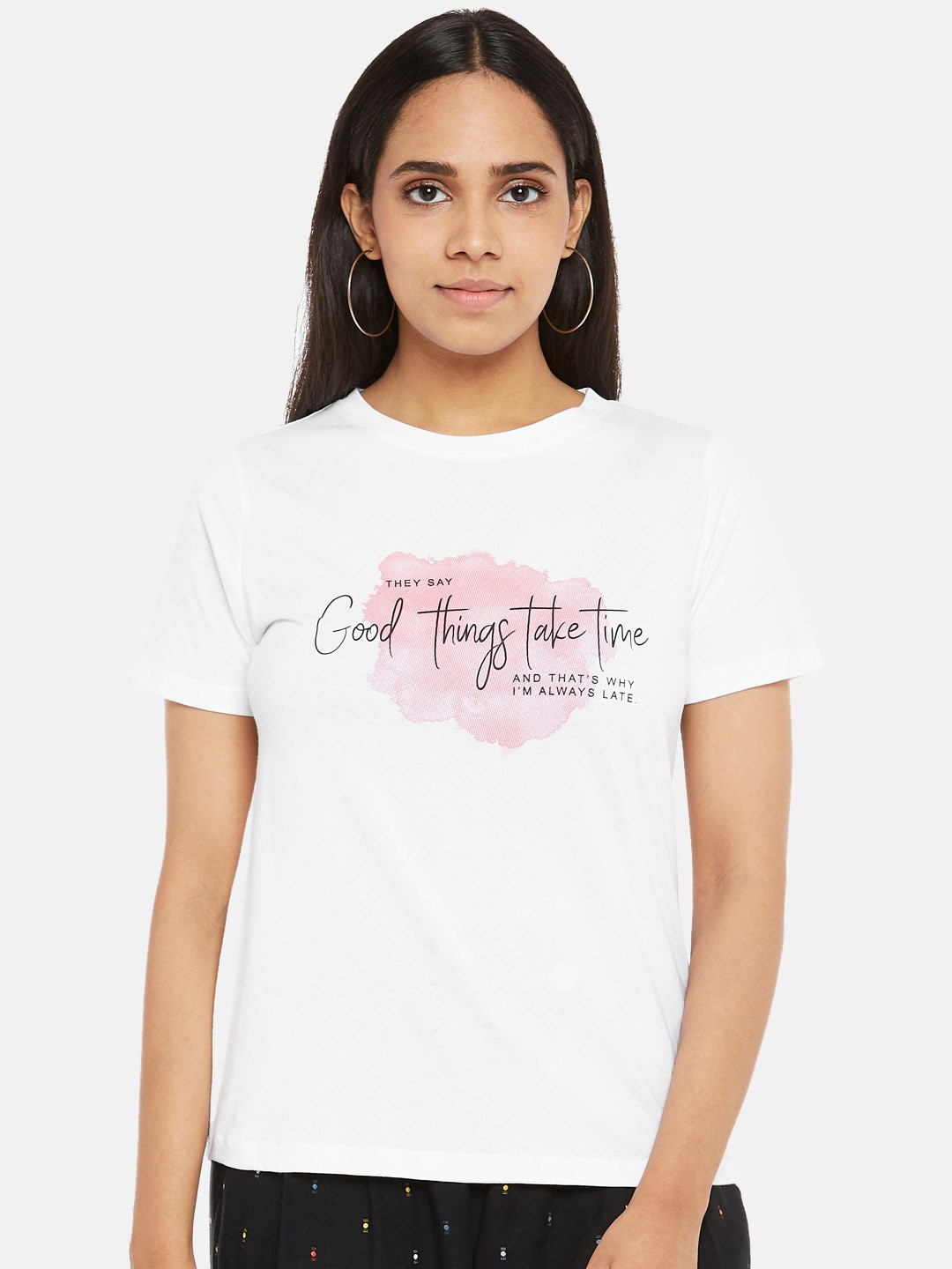 

People Women White Typography Printed Pure Cotton T-shirt