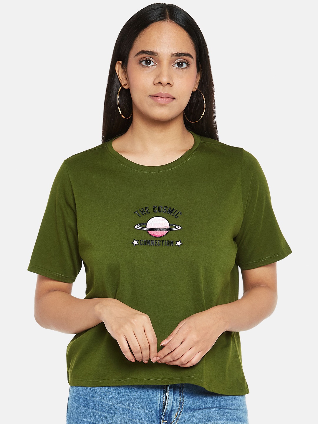 

People Women Olive Green Printed Pure Cotton T-shirt