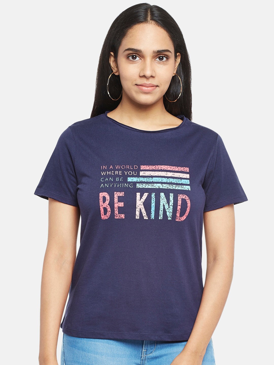 

People Women Navy Blue Pink Typography Printed Cotton Pure Cotton T-shirt