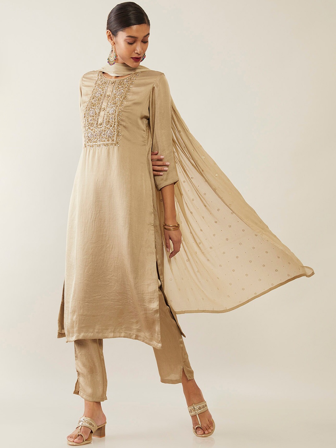 

Soch Women Beige Floral Embroidered Thread Work Kurta with Trousers & Dupatta