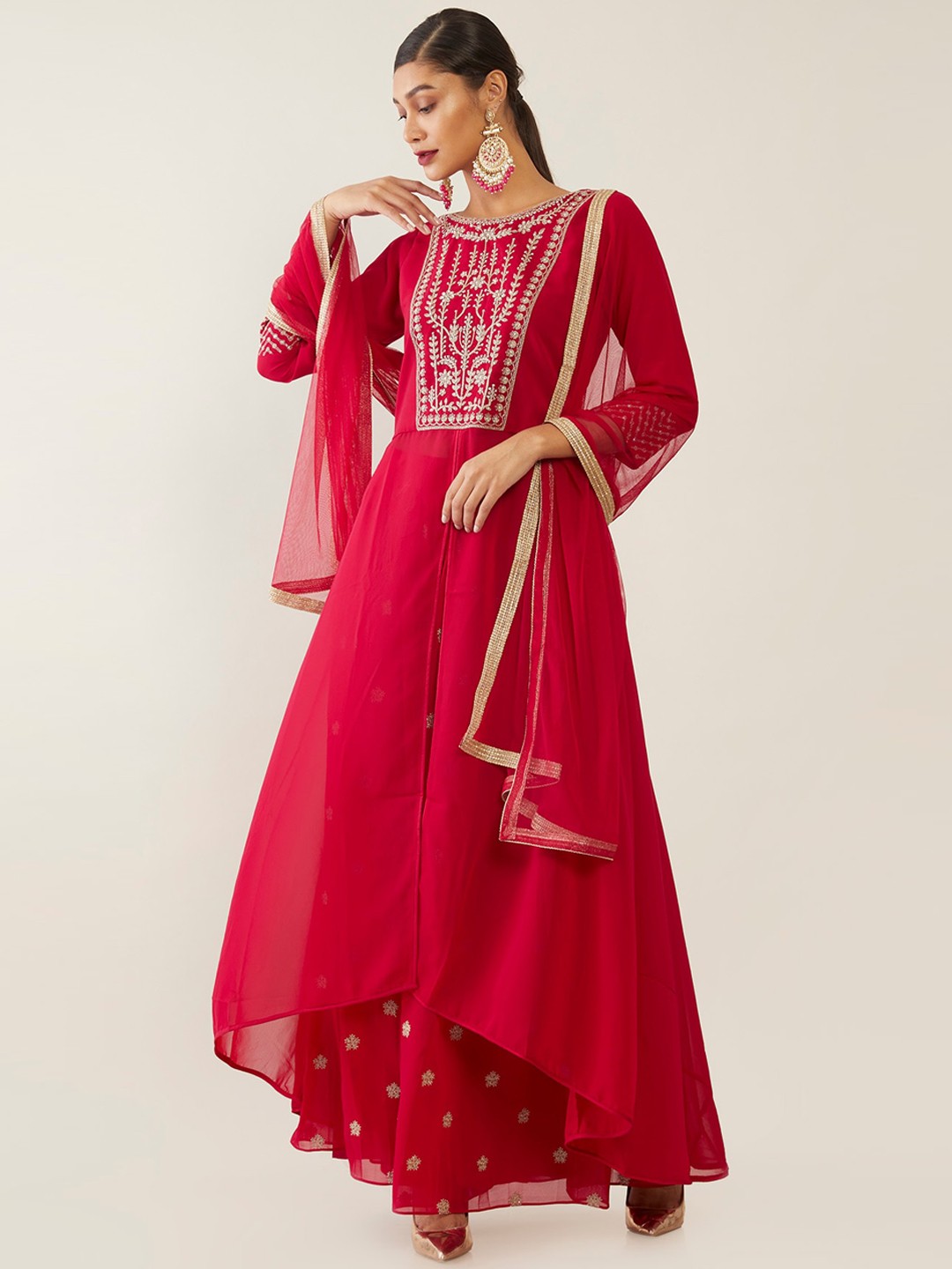 

Soch Women Fuchsia Pink Embroidered Panelled Kurta with Palazzos & Dupatta