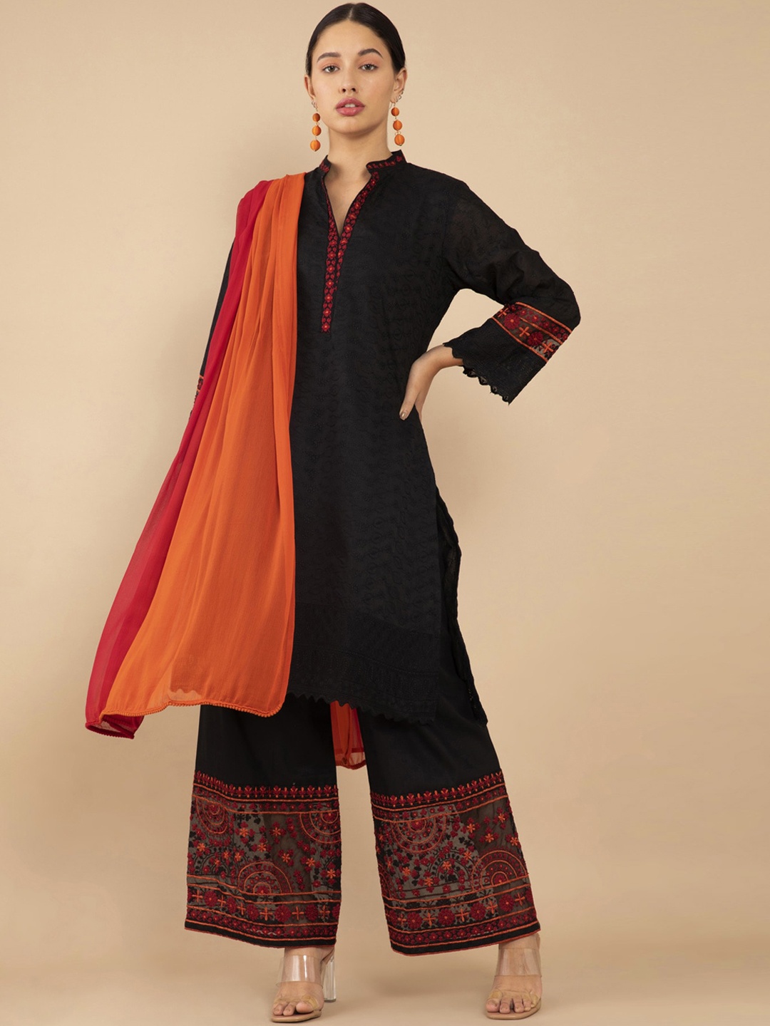 

Soch Women Black Ethnic Motifs Embroidered Pleated Kurta with Palazzos & Dupatta