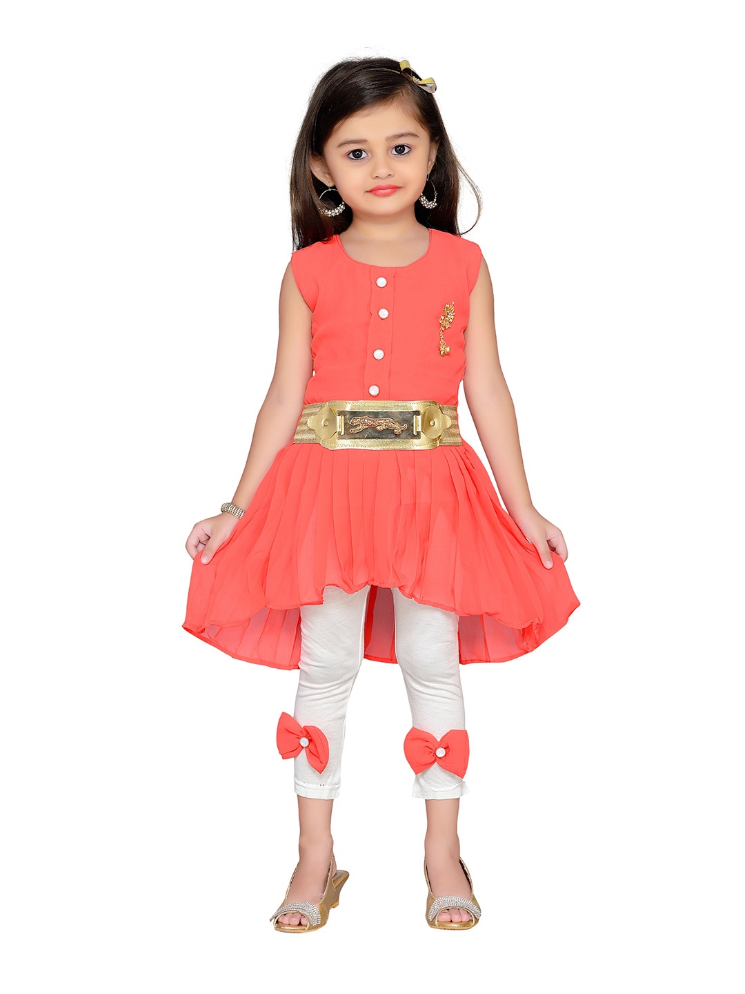 

ADIVA Girls Orange & White Embellished Top with Leggings