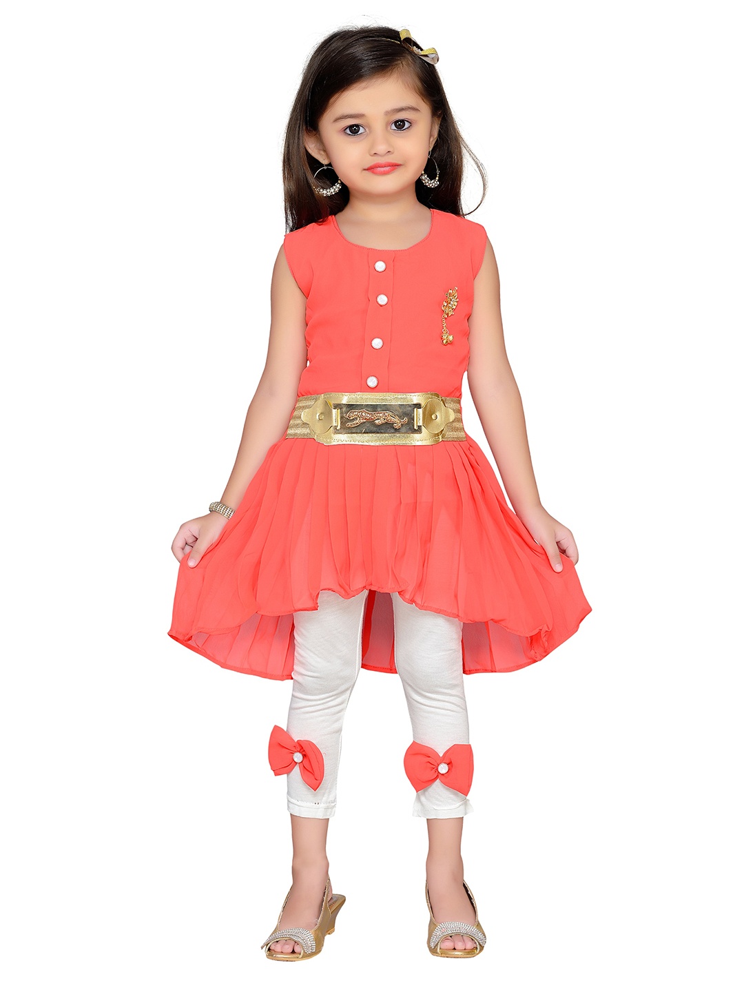 

ADIVA Girls Orange & White Embellished Top with Leggings