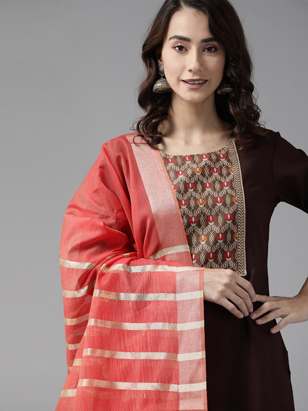 

Indo Era Women Brown Yoke Design Regular Patchwork Kurta with Palazzos & With Dupatta