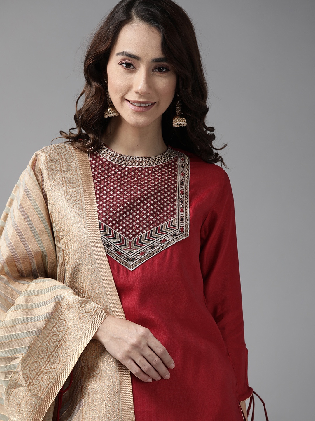 

Indo Era Women Red Yoke Design Regular Patchwork Liva Kurta with Trousers & With Dupatta