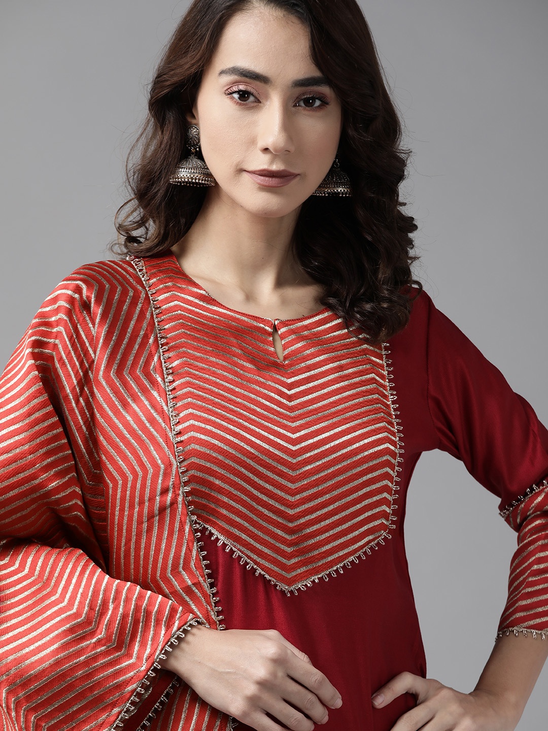 

Indo Era Women Red Yoke Design Regular Kurta with Palazzos & With Dupatta