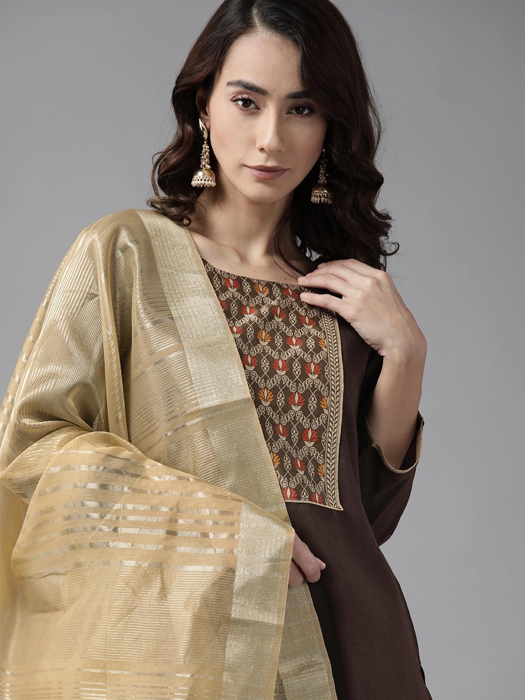 

Indo Era Women Brown Yoke Design Regular Patchwork Kurta with Palazzos & With Dupatta