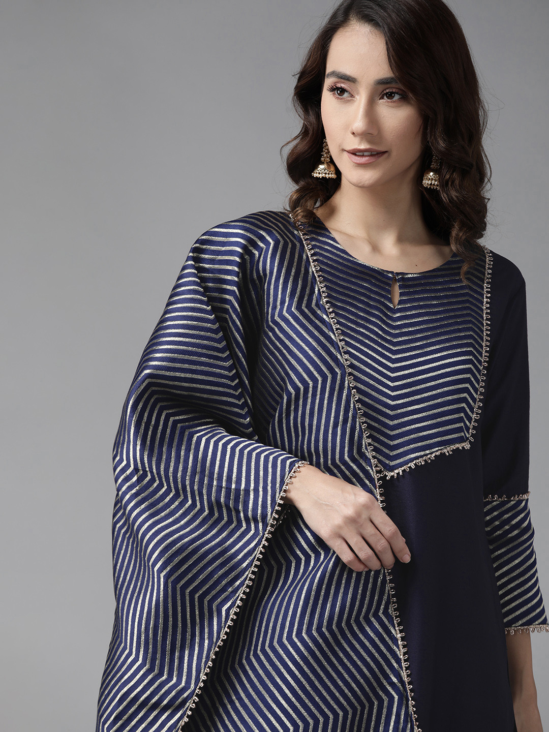 

Indo Era Women Navy Blue Yoke Design Regular Kurta with Palazzos & With Dupatta