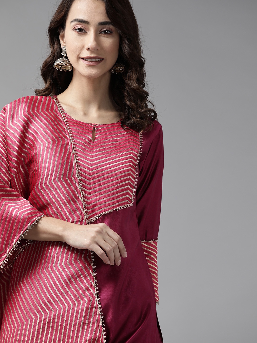 

Indo Era Women Magenta Yoke Design Regular Kurta with Palazzos & With Dupatta