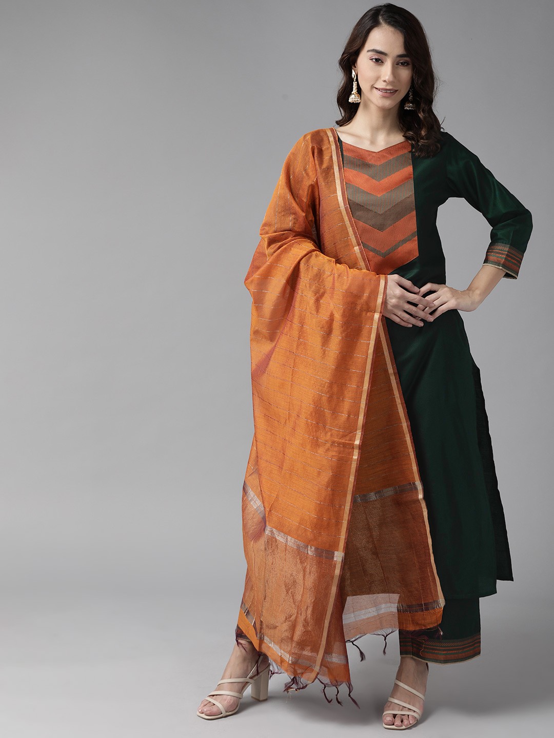 

Indo Era Women Green Yoke Design Regular Patchwork Kurta with Palazzos & With Dupatta