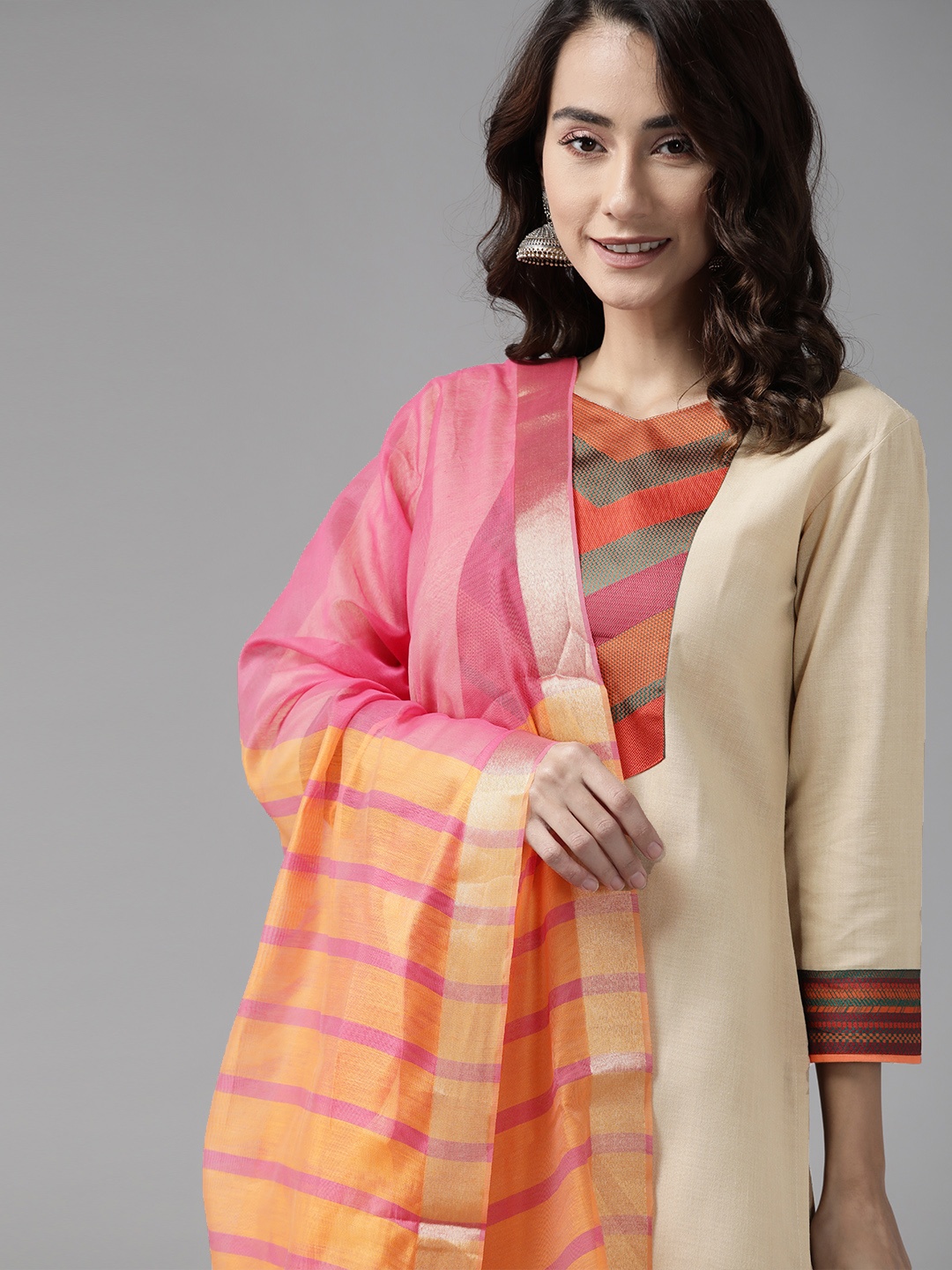 

Indo Era Women Beige Yoke Design Regular Patchwork Kurta with Palazzos & With Dupatta