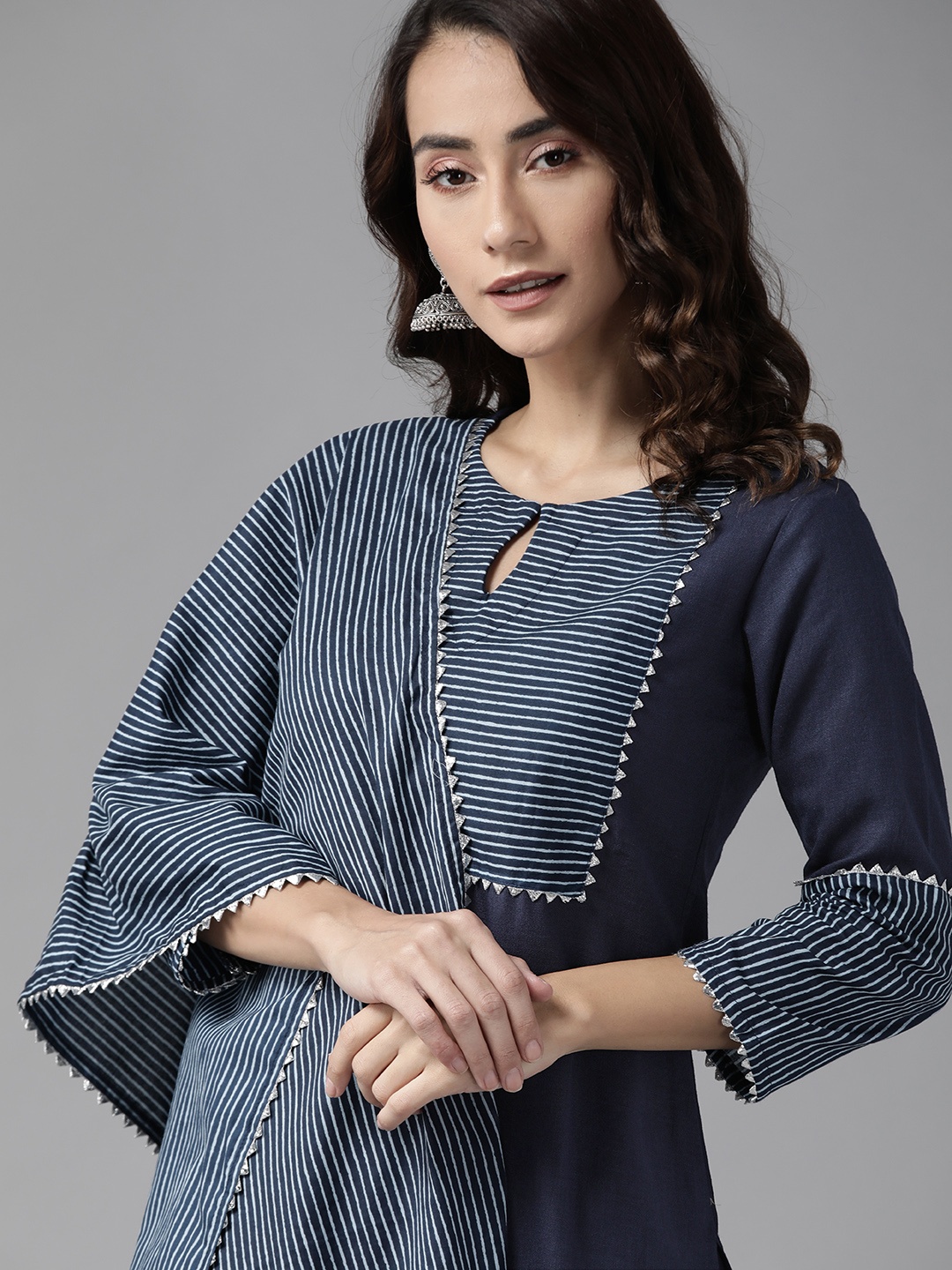 

Indo Era Women Navy Blue Regular Kurta with Palazzos & With Dupatta