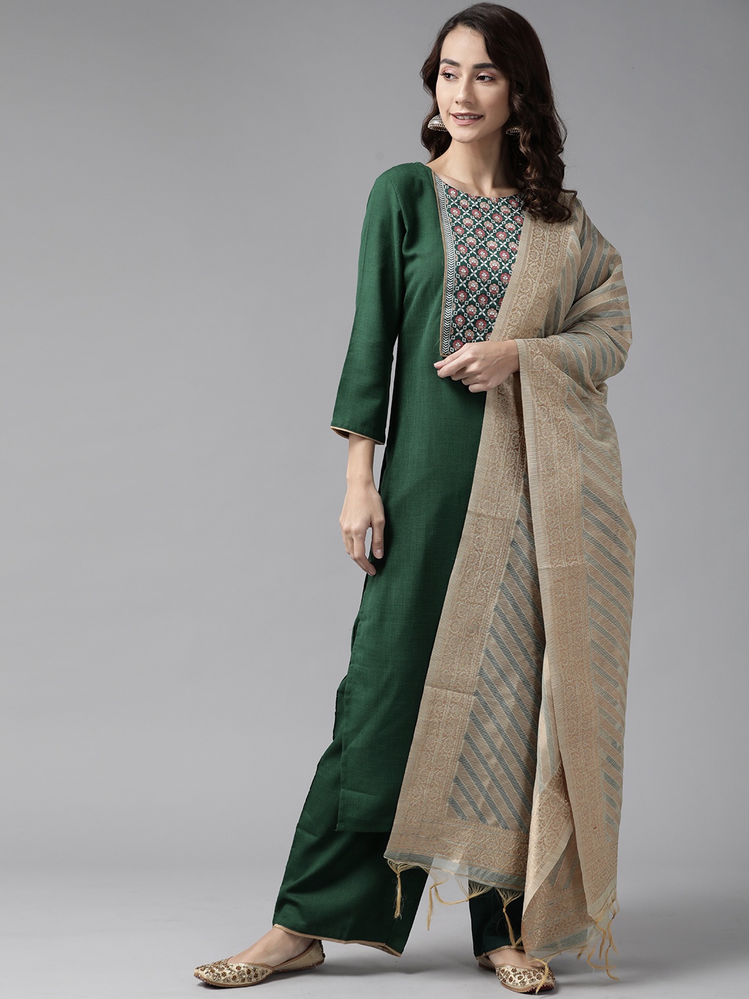 

Indo Era Women Green Yoke Design Regular Patchwork Kurta with Palazzos & With Dupatta
