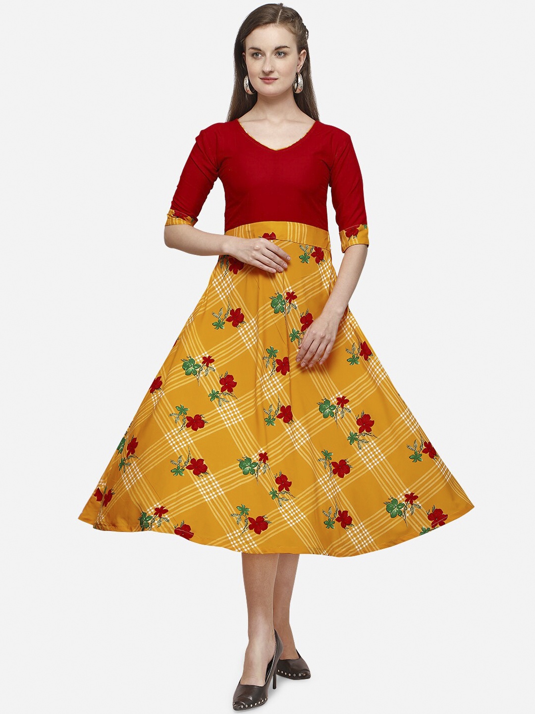 

SAADHVI Women Red & Yellow Floral Crepe Midi Dress