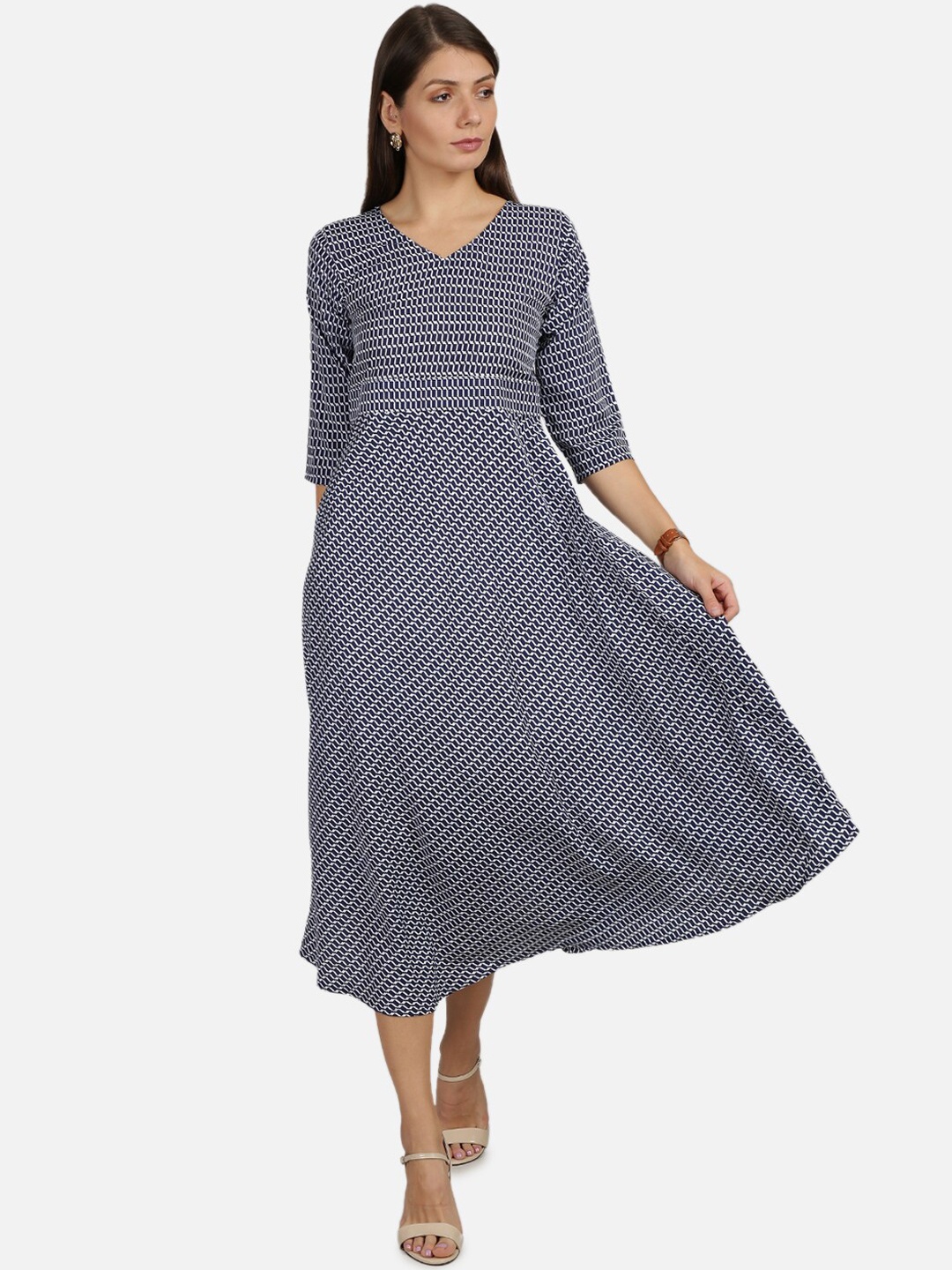 

SAADHVI Women Navy Blue Printed Crepe Midi Dress