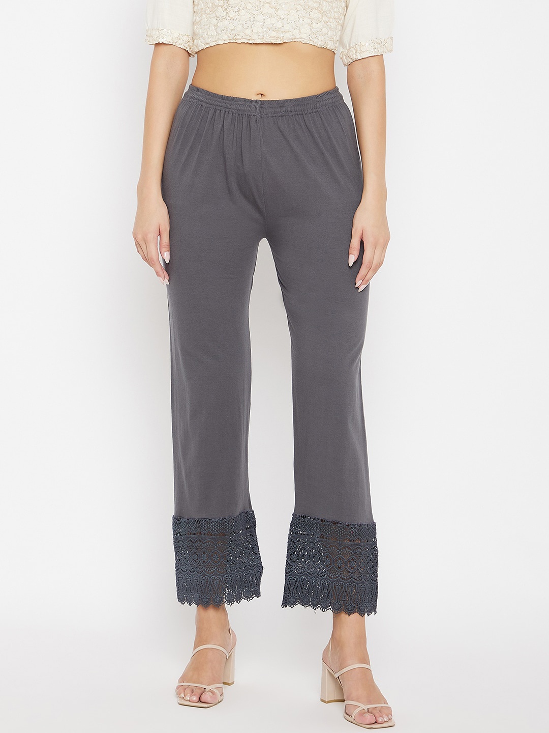 

Clora Creation Women Grey Hem Design Knitted Palazzos