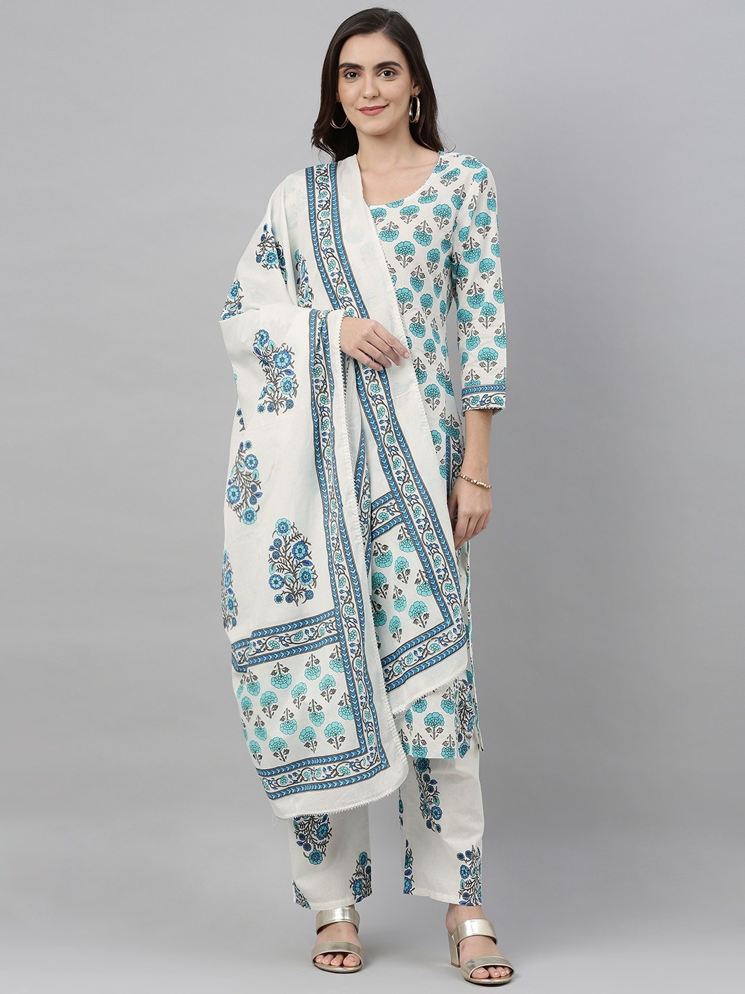 

KALINI Women White Ethnic Motifs Printed Panelled Pure Cotton Kurta with Palazzos & With Dupatta
