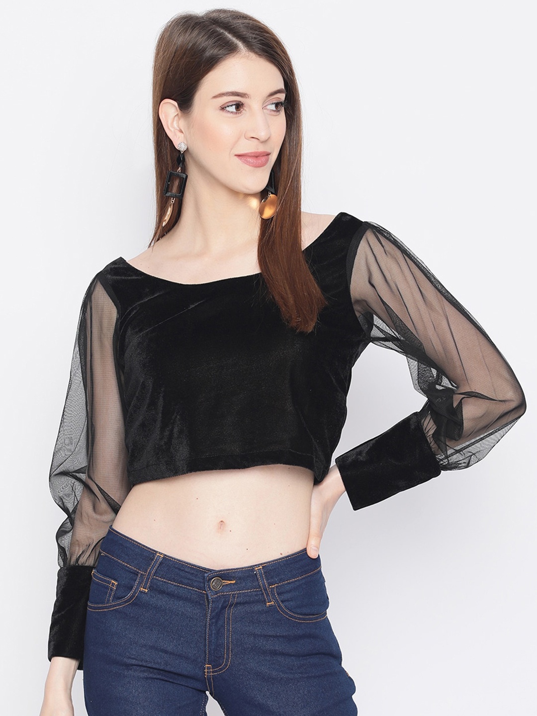 

AKIMIA Women Black Velvet Boxy Crop Top