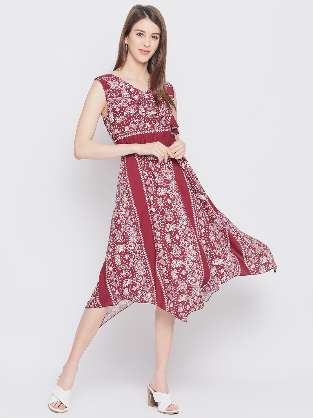 

AKIMIA Maroon & White Ethnic Motifs V-neck A-Line Midi Cotton Dress