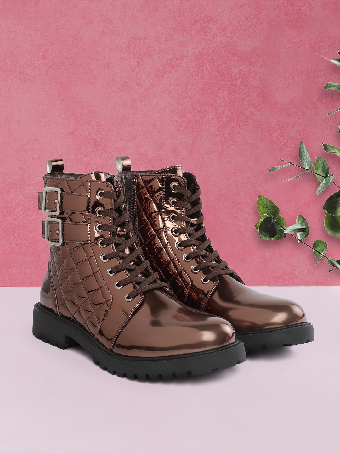 

CORSICA Women Bronze-Toned Patent Finish Mid-Top Flat Boots