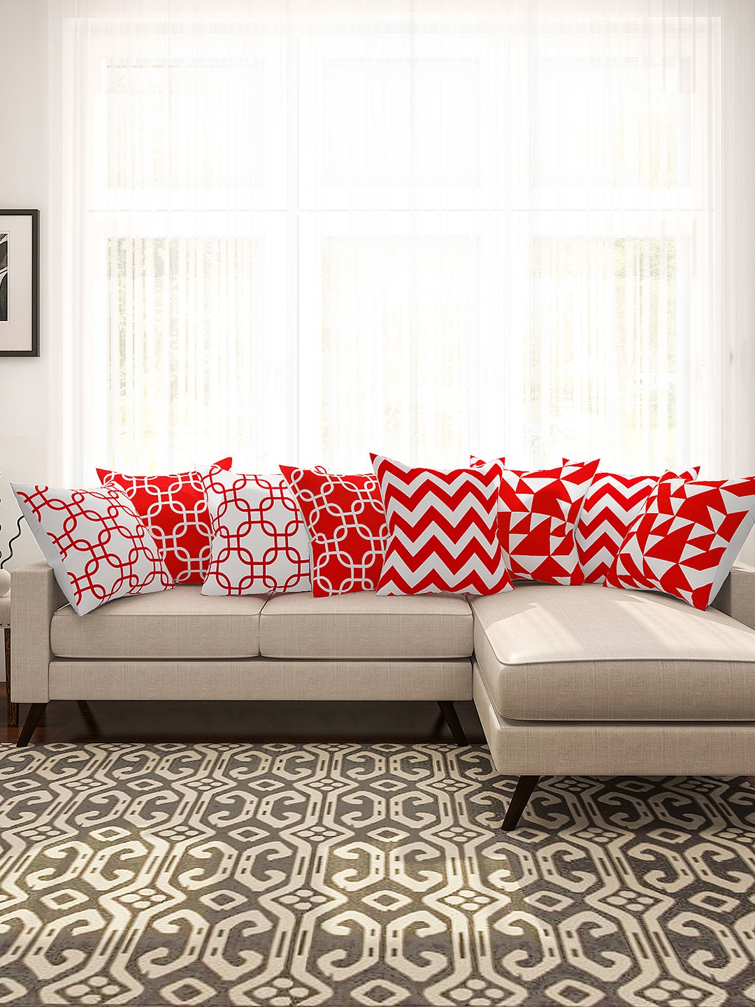 

SEJ by Nisha Gupta Red & White Set of 8 Printed 16'' x 16'' Square Cushion Covers