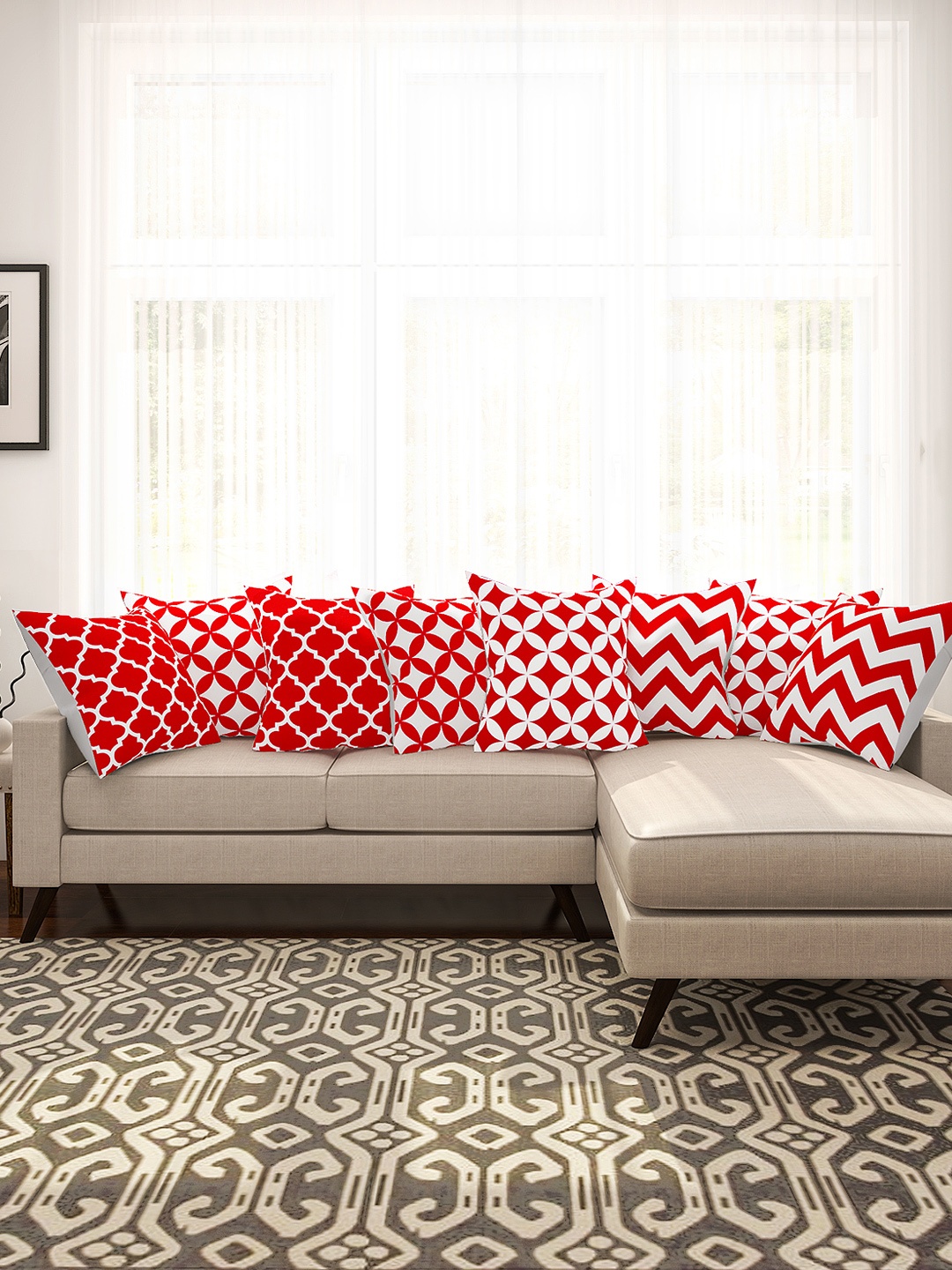 

SEJ by Nisha Gupta Red & White Set of 8 Printed 16'' x 16'' Square Cushion Covers