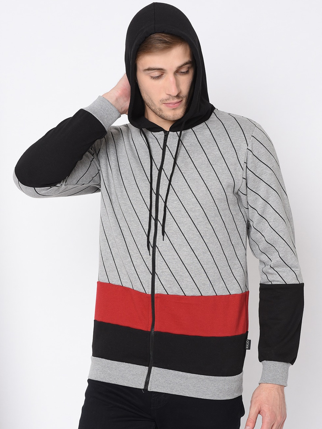 

Rigo Men Grey Striped Colorblocked Hooded Sweatshirt